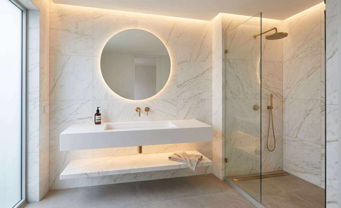 A finished modern bathroom with a backlit round mirror, brushed-brass rain shower head and tap, marble walls, and a wall-hung floating vanity — by Vedh.